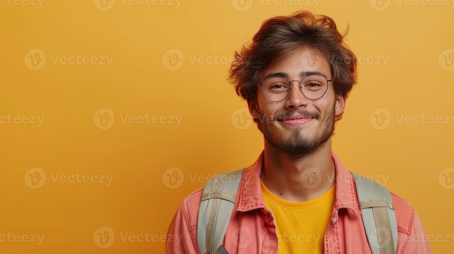 AI Generated Indian man holding laptop and mobile phone advertising digital products for work and learning in full length vertical shot on yellow background. photo