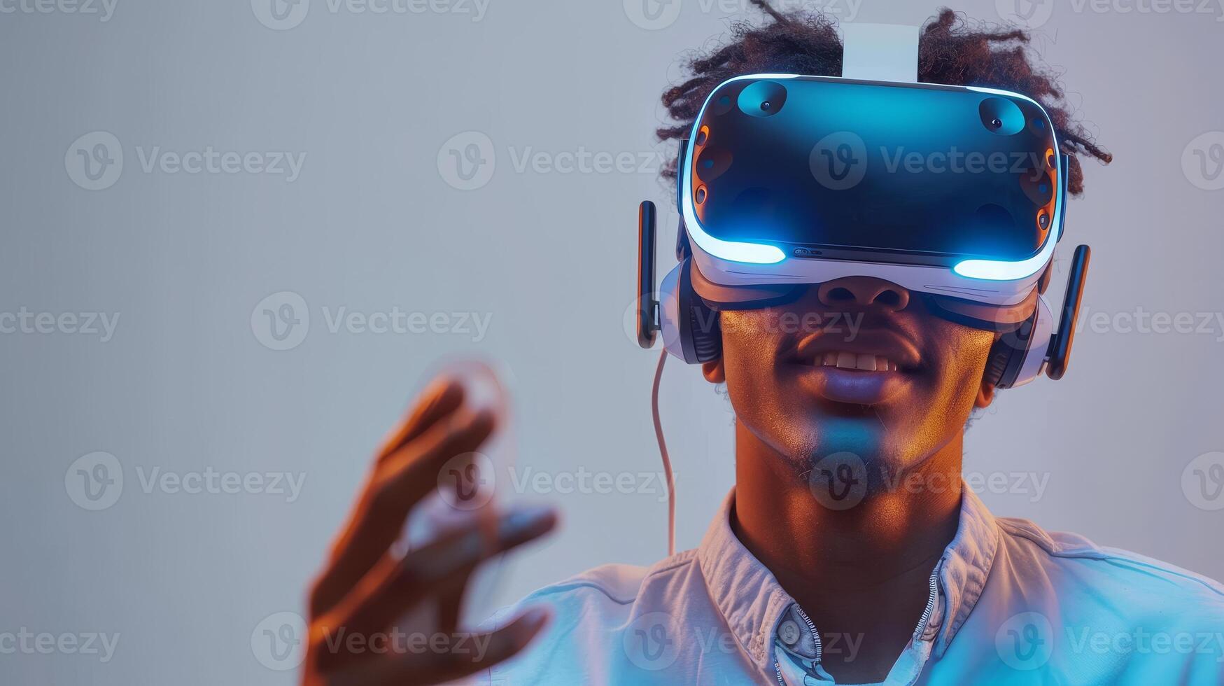 AI Generated This studio portrait shows a young man wearing a virtual reality headset. The concept includes VR, technology, gadgets, education, online courses, and video games. photo