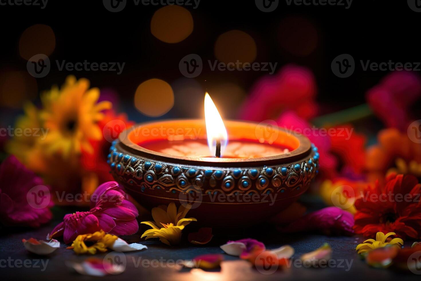 AI Generated Diya lights lamps on multicolored rangoli. photo
