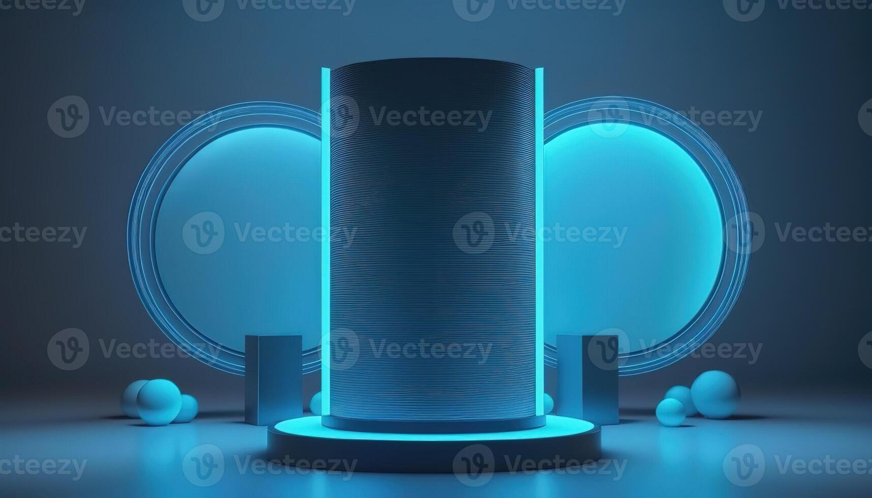 AI Generated Futuristic portal. Science fiction podium, pedestal, platform. Modern empty cyberpunk space. Technological background. Sky-fi digital hi-tech elements for presentation product. AI photo