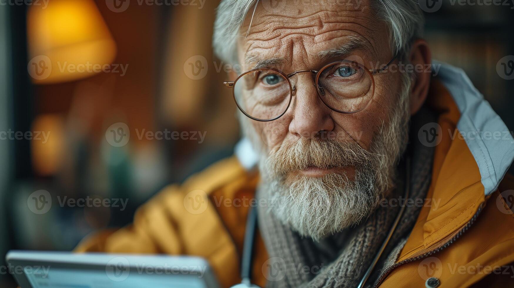 AI Generated Trust, help, and medical consultation with a professional medicare worker in his hospital clinic. Test results, health information and progress on a tablet. photo