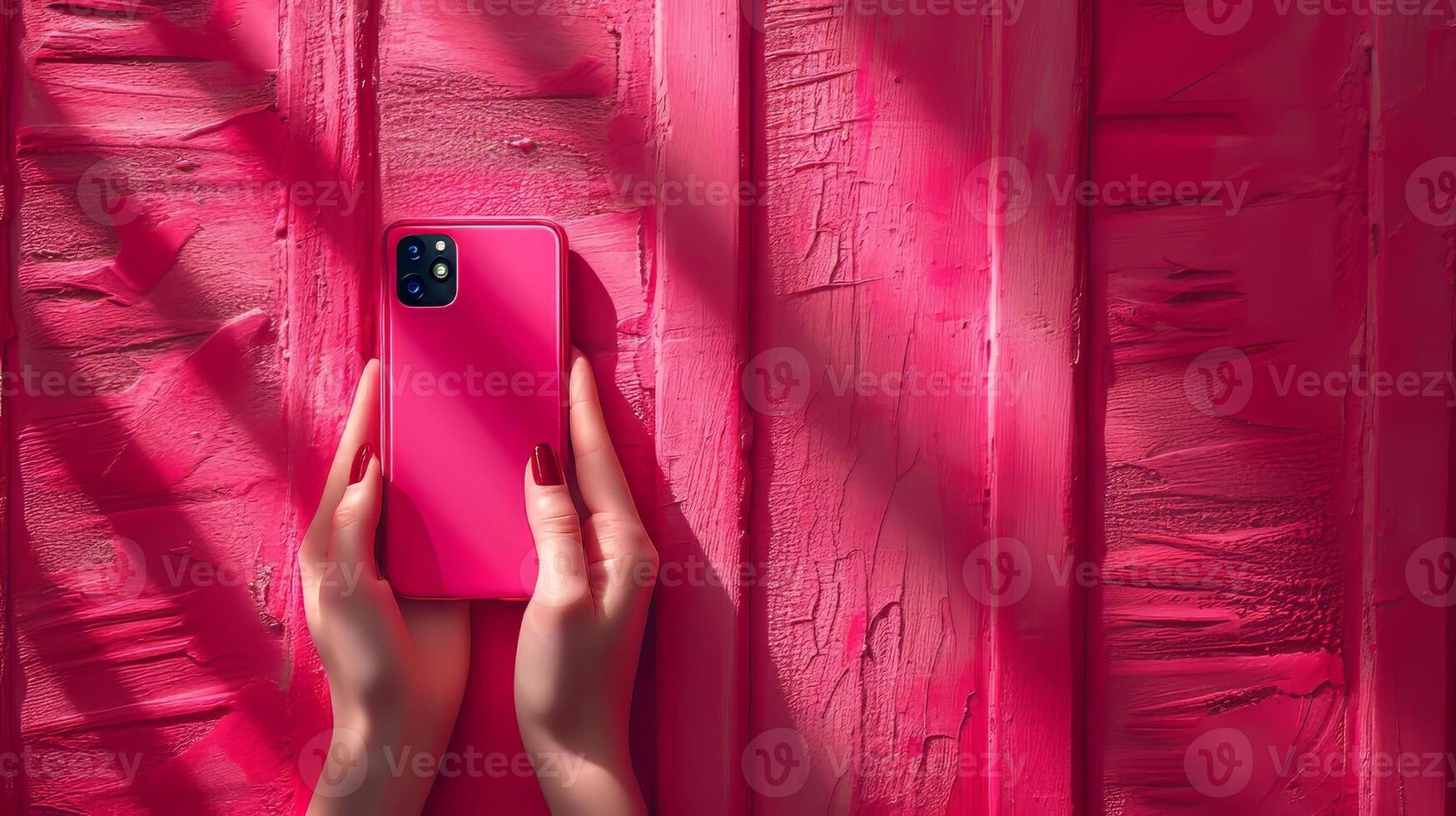 AI Generated A black screen mobile phone in a female hand isolated on a pink color background. The text space is blank. Trendy collage in magazine urban style. Contemporary art. Modern design. photo