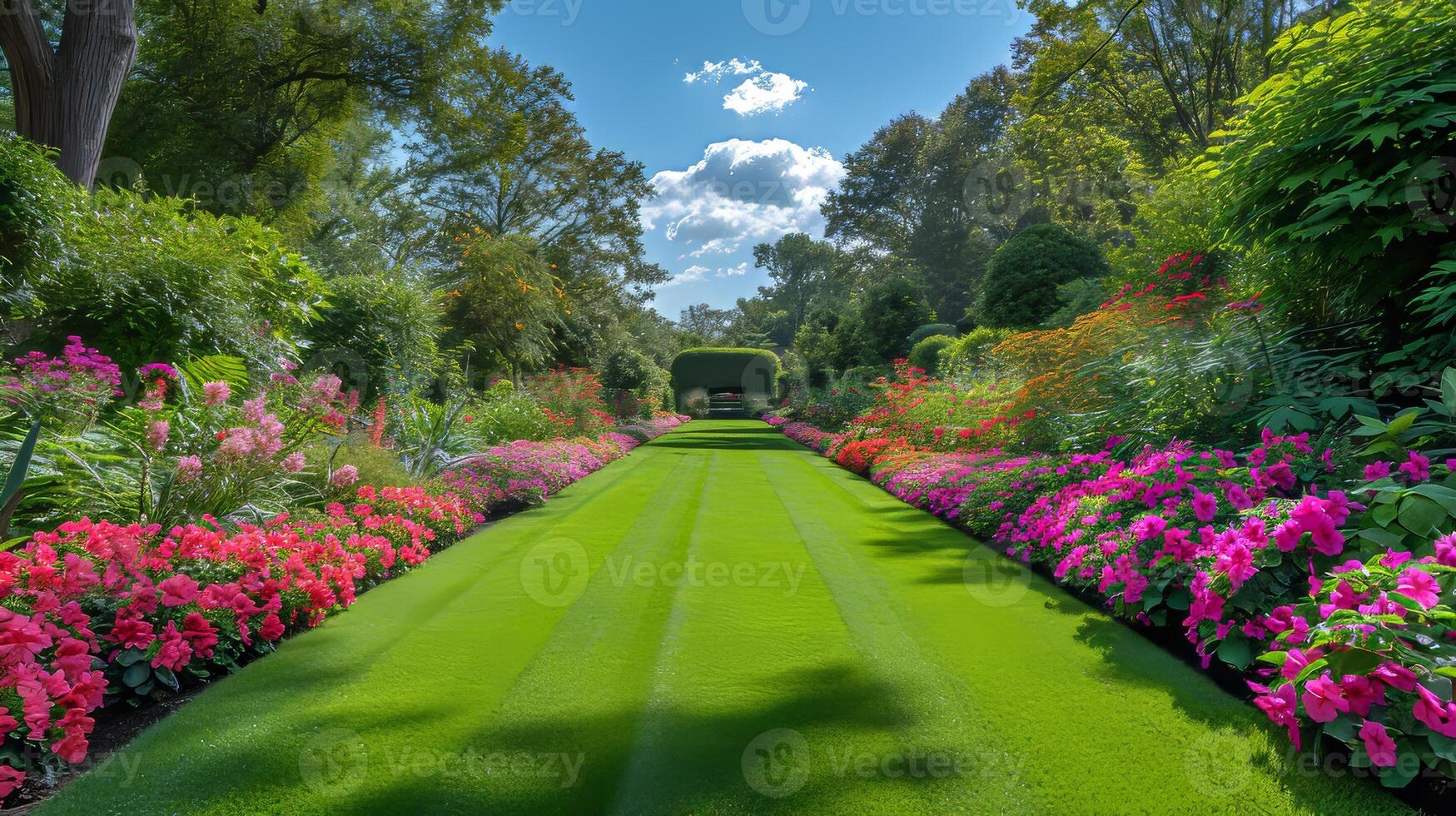 AI Generated Stunning Summertime View of a Beautiful English Landscape Garden featuring a lush lawn, leafy trees, and colourful flowerbeds photo