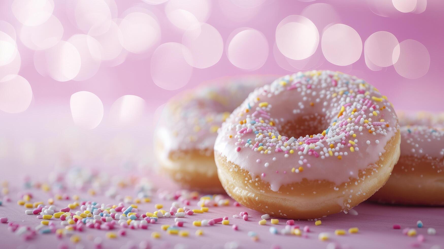 ai generado delicioso rosquillas con asperja en un rosado fondo, celebrando nacional rosquilla día con un bokeh efecto. foto