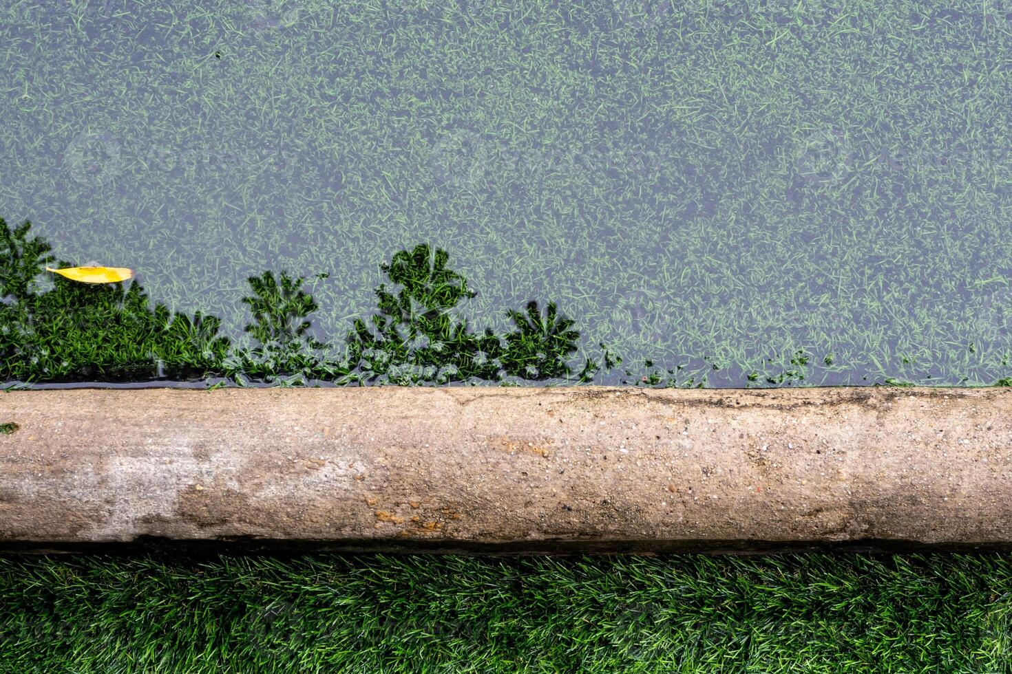 The reflection of tree in the flooding water surface on the artificial grass football field photo