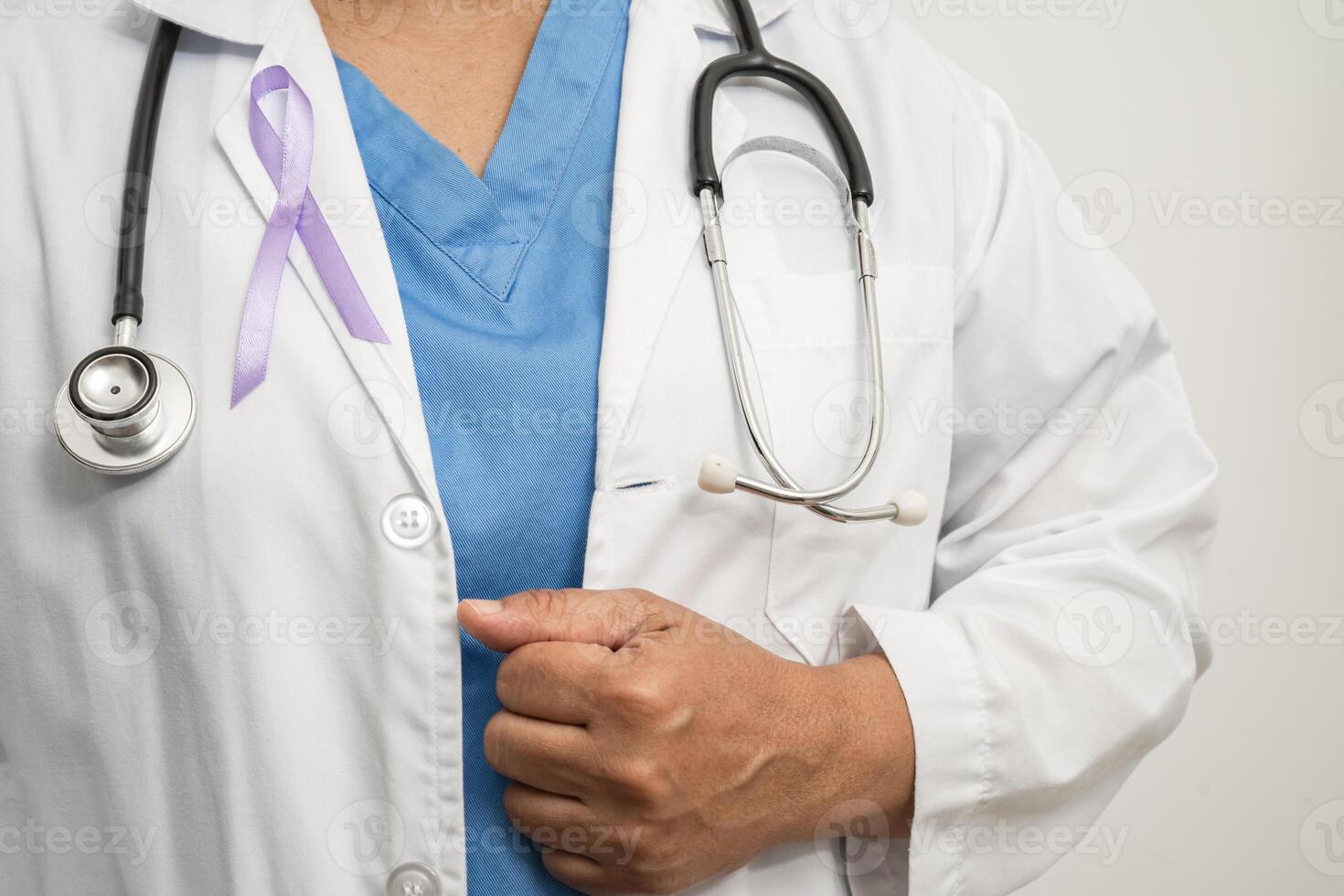 Asian woman doctor with purple ribbon, sign of Alzheimer disease day, Pancreatic cancer, Epilepsy, Lupus. photo