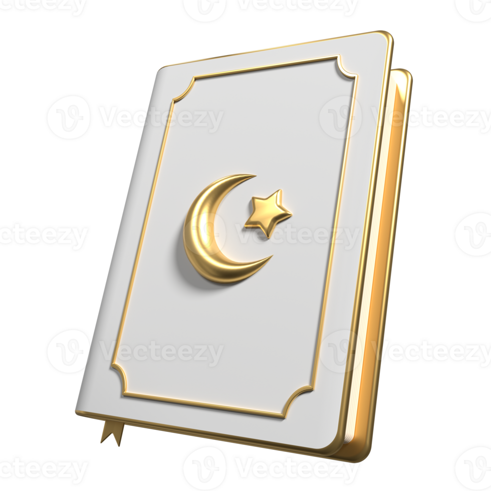 Islamic golden holy quran book icon. Golden holy quran ramadan icon. 3D rendering holy quran isolated. Quran 3d icon illustration png