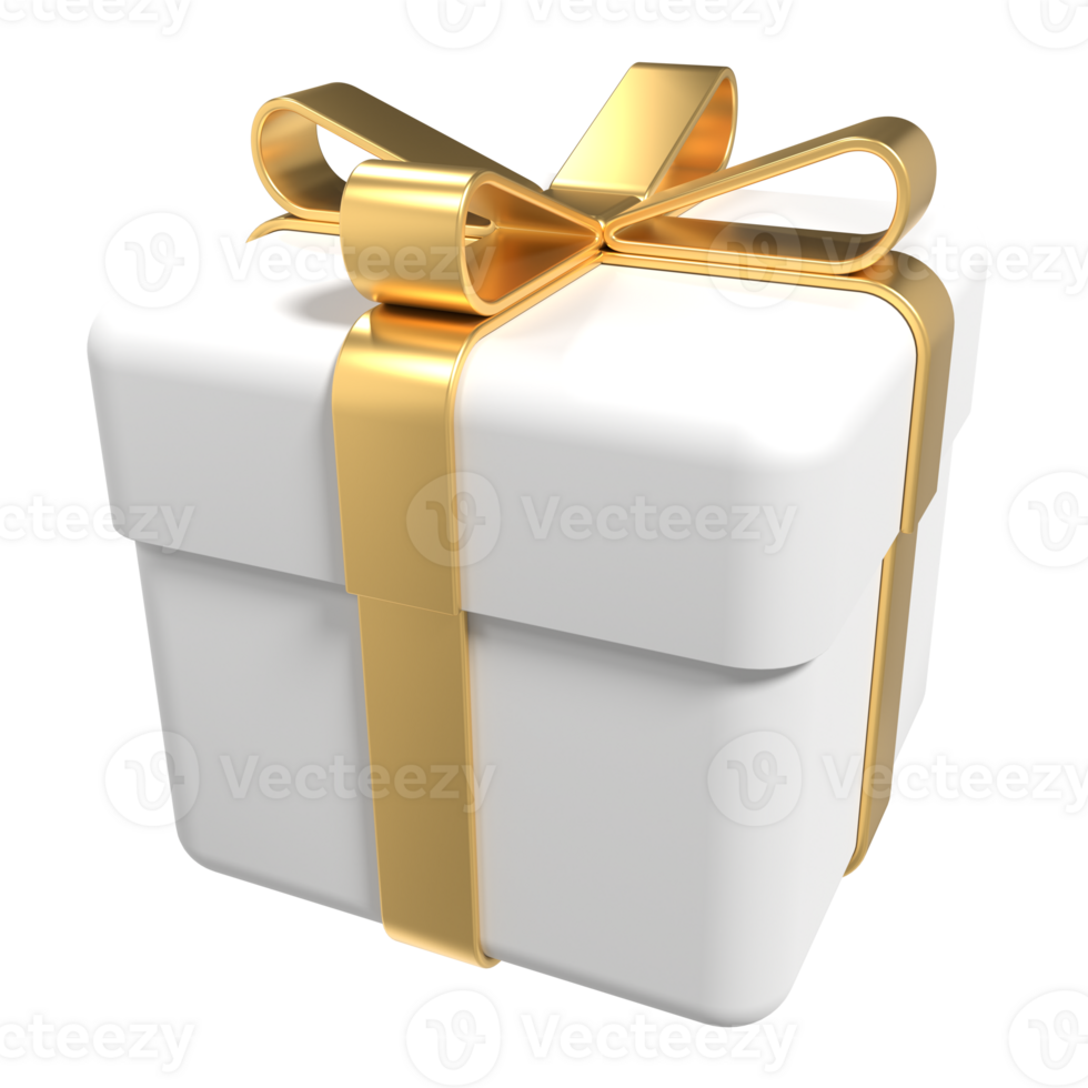 White gift box with gold ribbon. Realistic white paper gift box with golden ribbon bow. Holiday or seasonal discount decorative elements. 3D rendering png