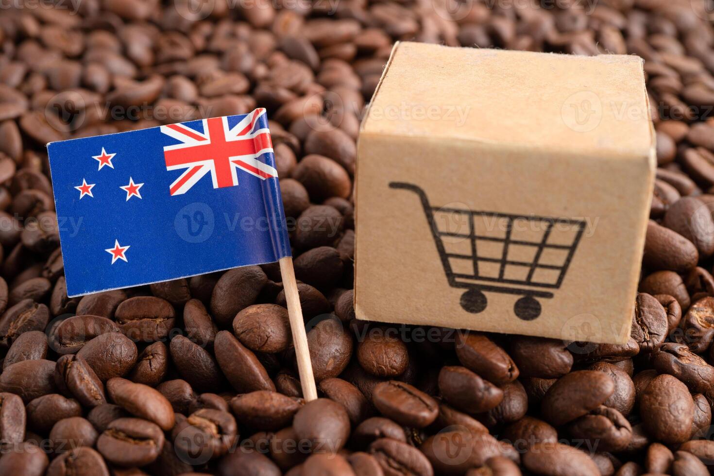 New Zealand flag with shopping cart on coffee bean, import export trade online commerce concept. photo