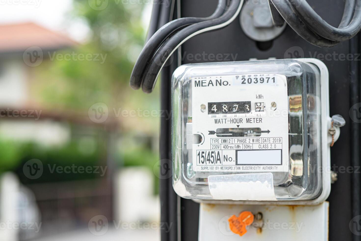 Bangkok, Thailand April 10, 2023,Electric measuring power meter for energy cost at home and office. photo