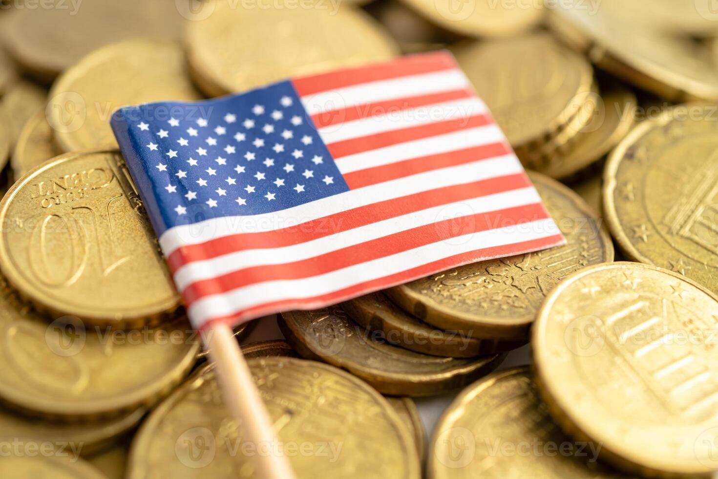 US flag on coins money, finance and accounting, banking concept. photo