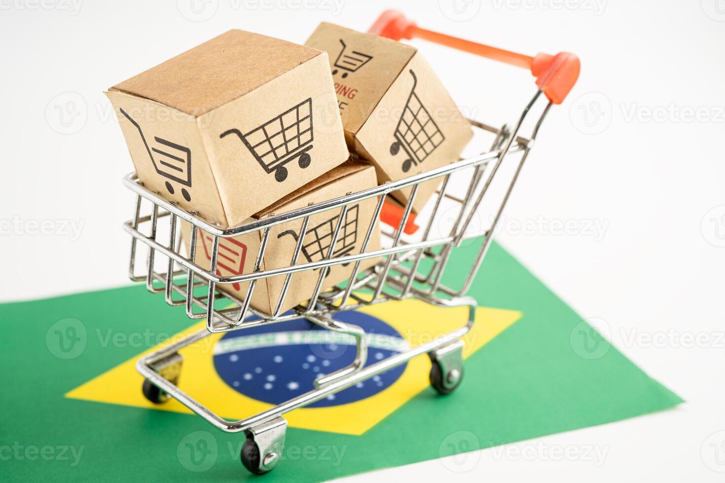 Box with shopping online cart logo and Brazil flag, Import Export Shopping online or commerce finance delivery service store product shipping, trade, supplier. photo