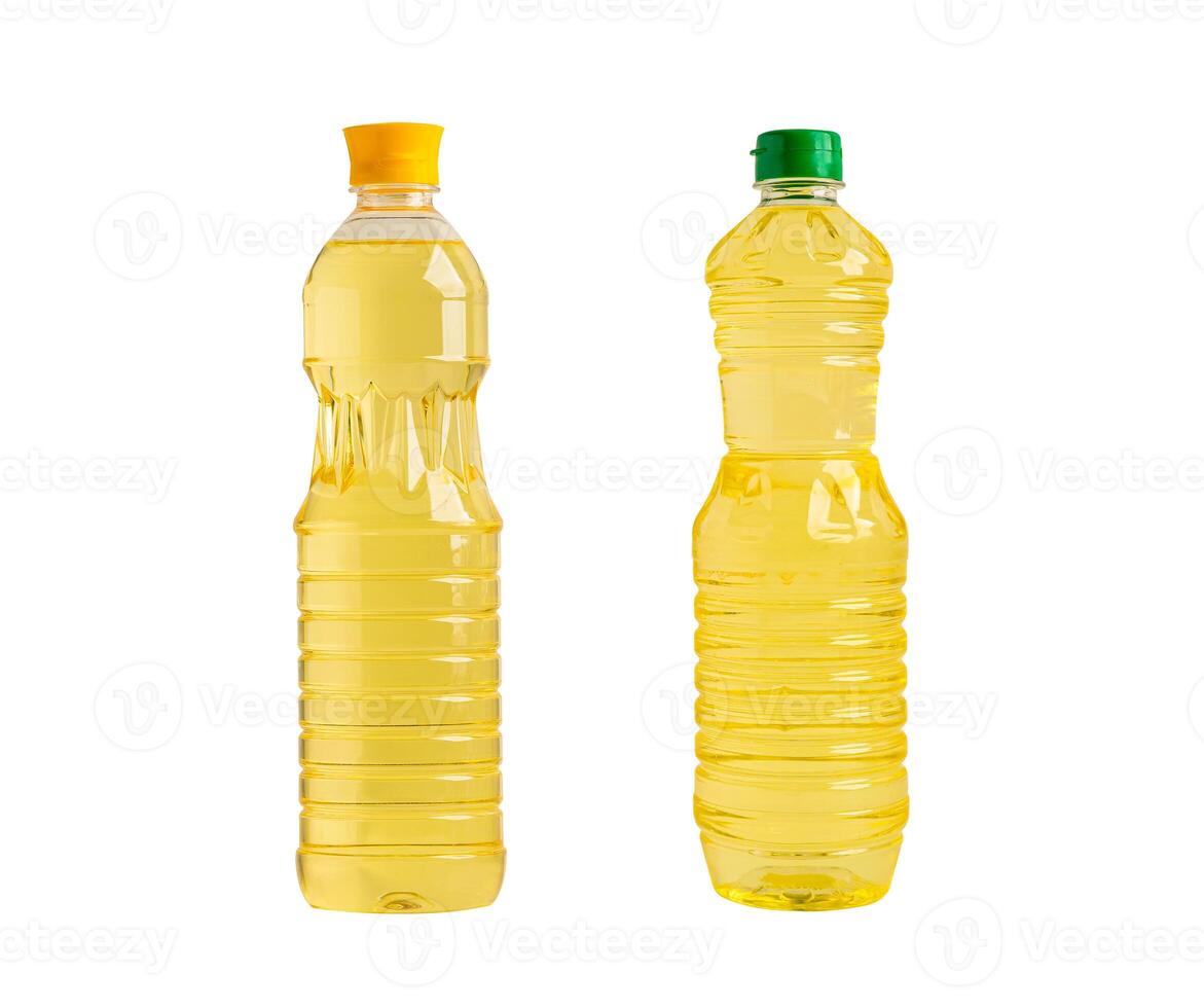 Vegetable oil with olive oil in different bottle for cooking isolated on white background. photo