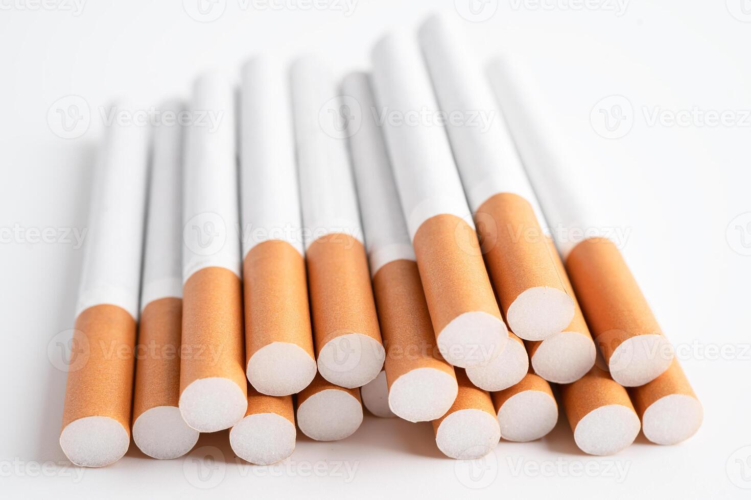 Cigarette, tobacco in roll paper with filter tube, No smoking concept. photo