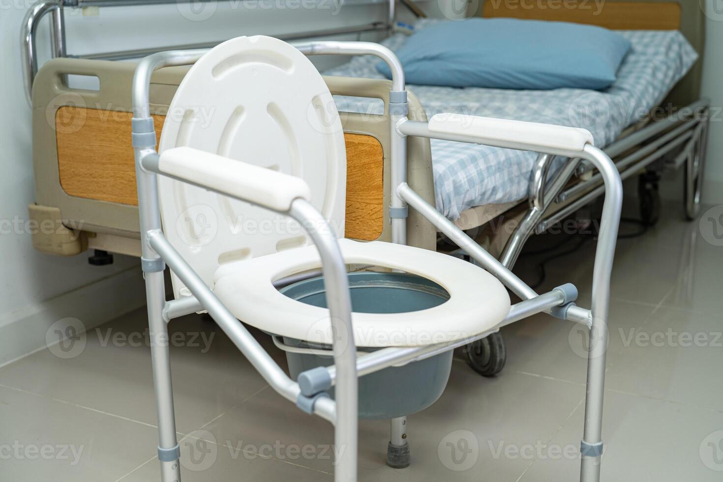 Flush toilet and shower chair in bathroom for old elder people. photo