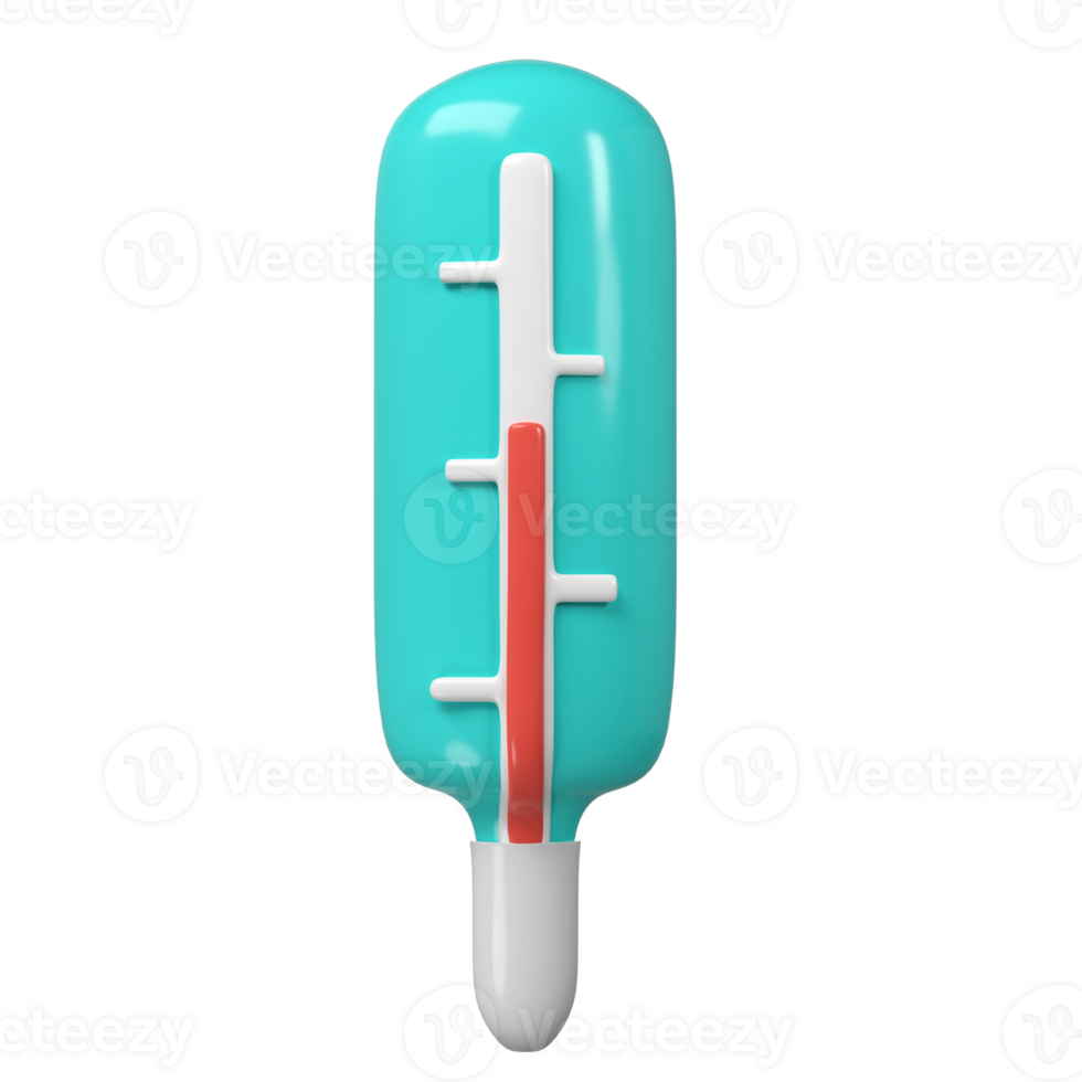 3d medical mercury thermometer icon. Rendering illustration of medicine diagnostic instrument to temperature measurement in turquoise color. Cute cartoon design. Healthcare tool png