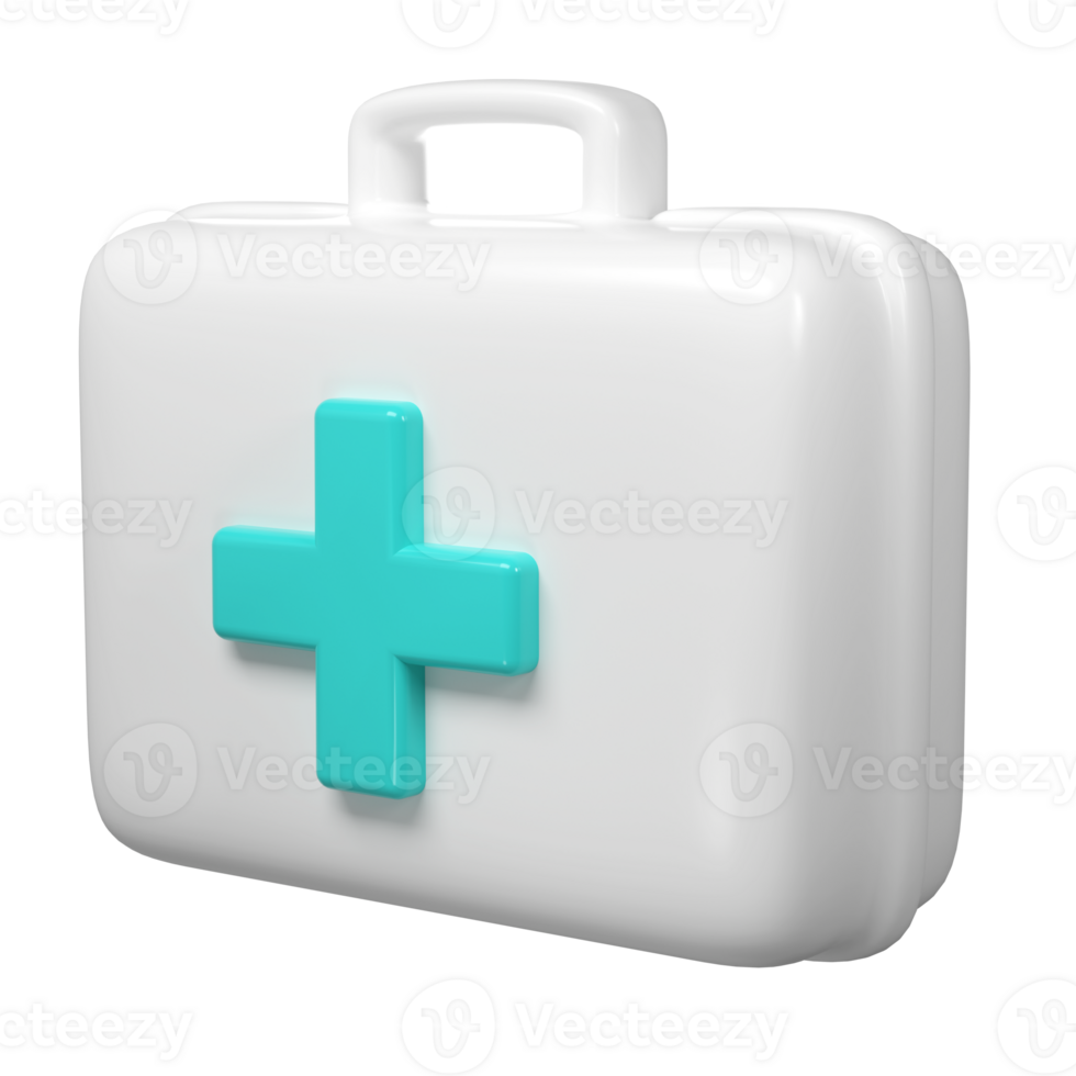 3d rendering of first aid medical box with turquoise cross icon. Healthcare industry supplies and drugs png