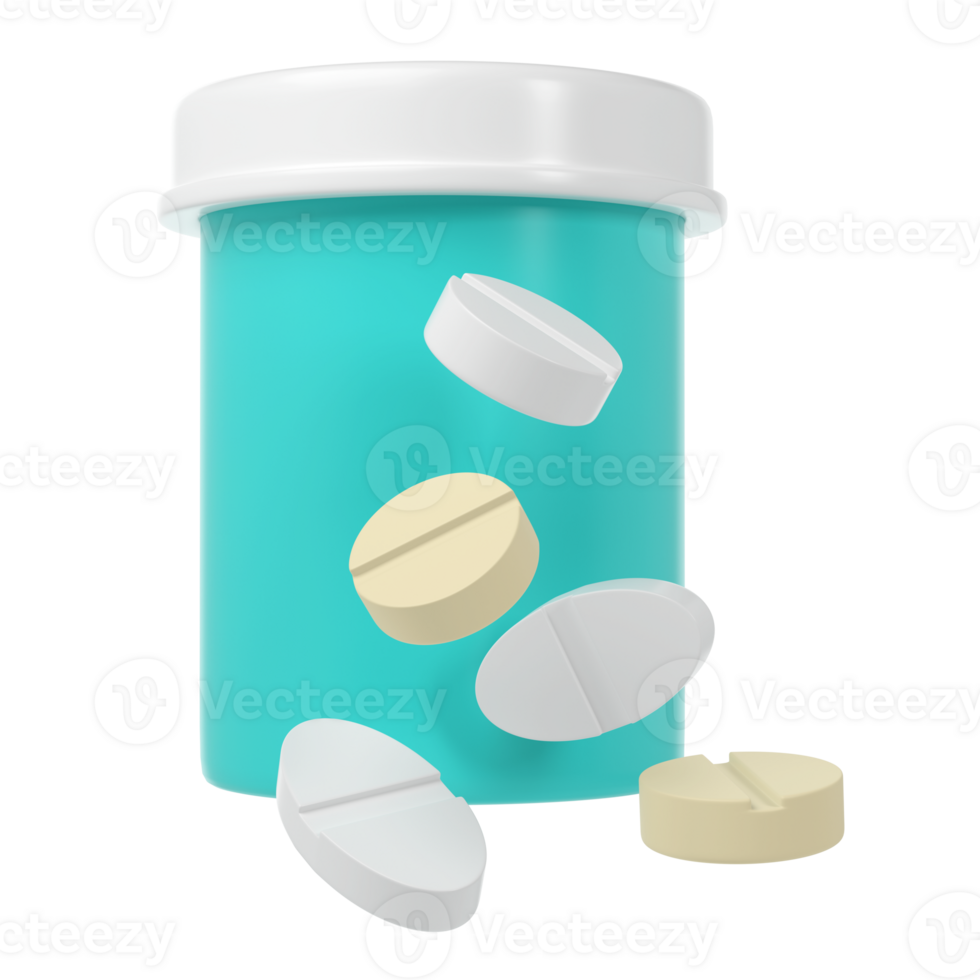 3d pill bottle medical icon with pills pharmacy render. Turquoise plastic supplement jar. Protein vitamin capsule packaging, large powder blank remedy cylinder pharmaceutical drugs health png