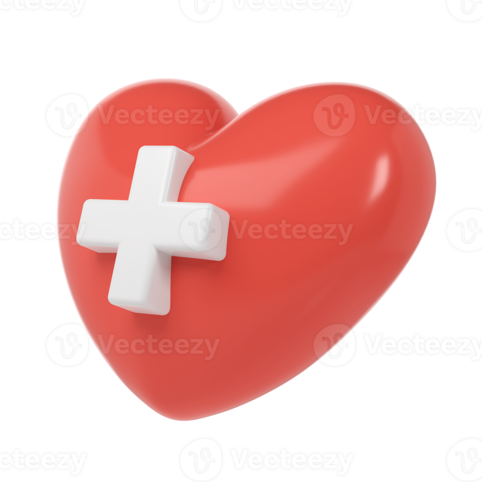 3d röd hjärta med medicinsk korsa symbol ikon hjälpa donation, medicinsk och sjukvård laboratorium begrepp. tecknad serie minimal stil framställa illustration png