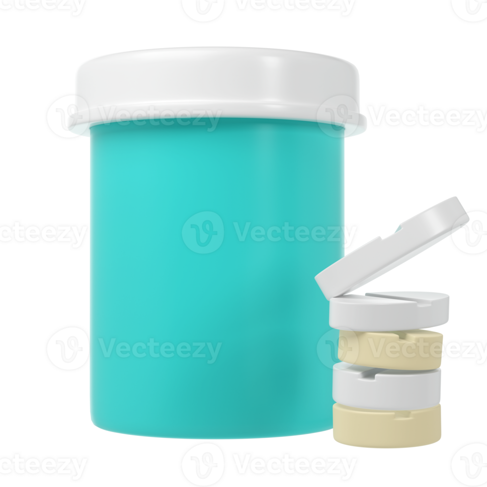 3d pill bottle medical icon with pills pharmacy render. Turquoise plastic supplement jar. Protein vitamin capsule packaging, large powder blank remedy cylinder pharmaceutical drugs health png