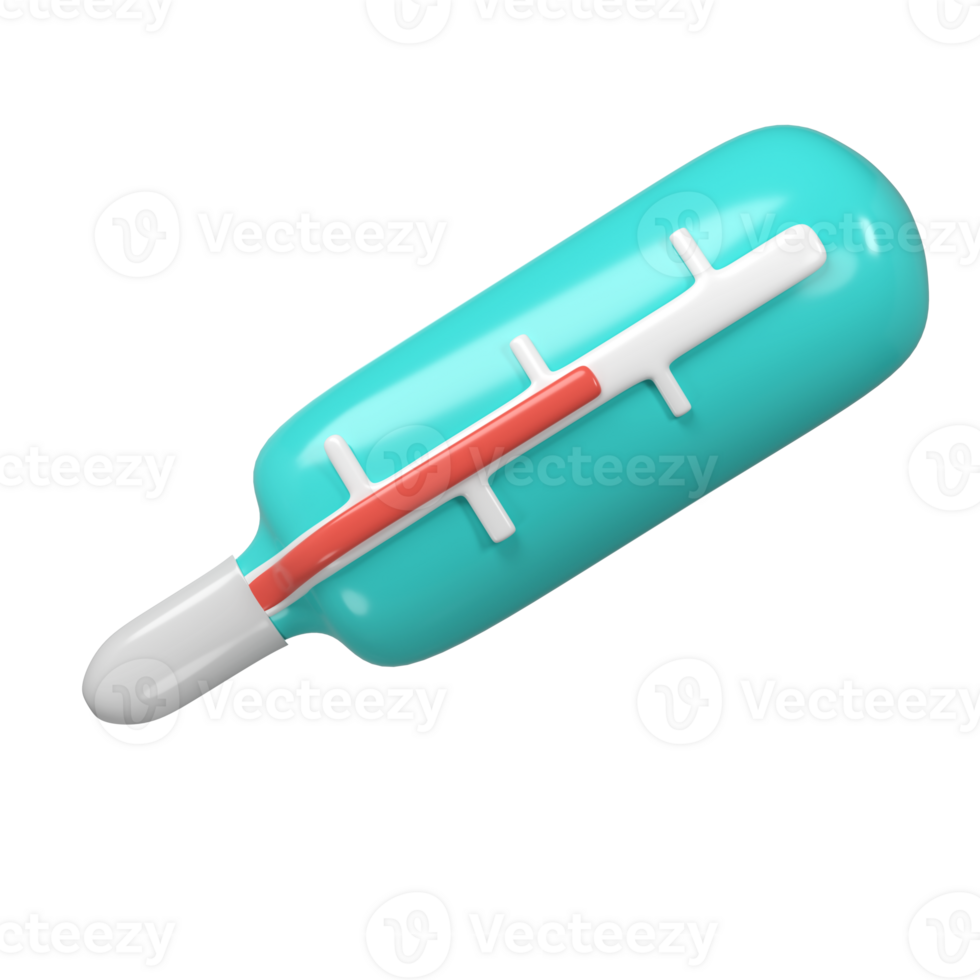 3d medical mercury thermometer icon healthcare. Rendering illustration of medicine diagnostic instrument to temperature measurement in turquoise color. Cute cartoon design. Healthcare tool png