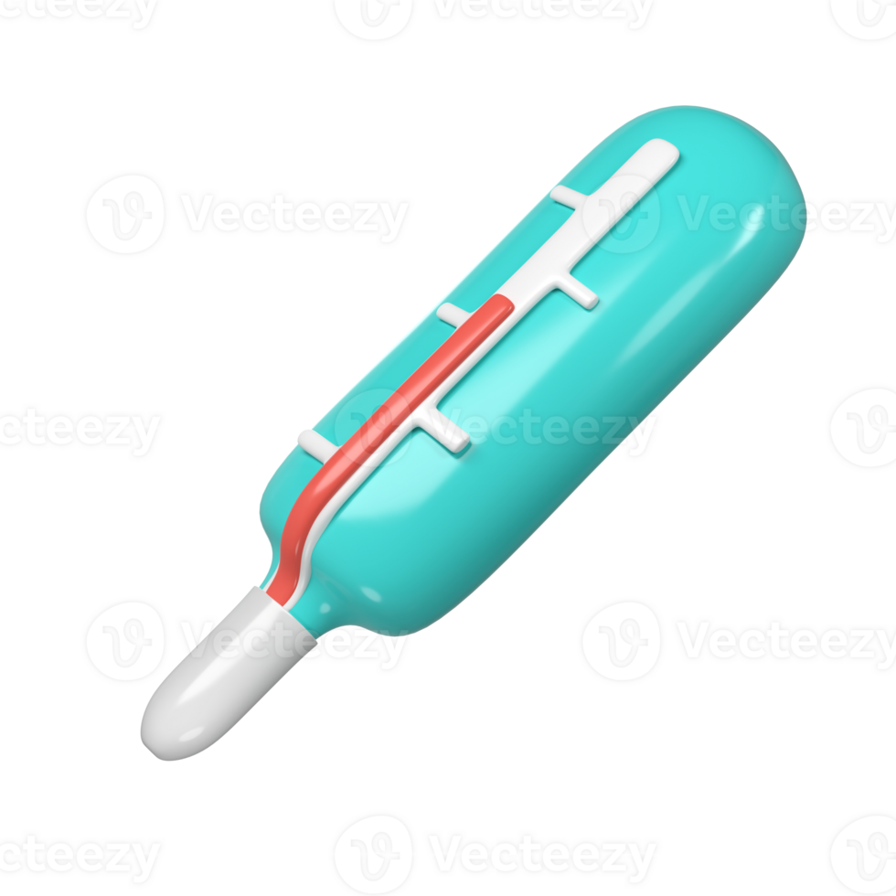 3d medical mercury thermometer icon. Rendering illustration of medicine diagnostic instrument to temperature measurement in turquoise color. Cute cartoon design. Healthcare tool png
