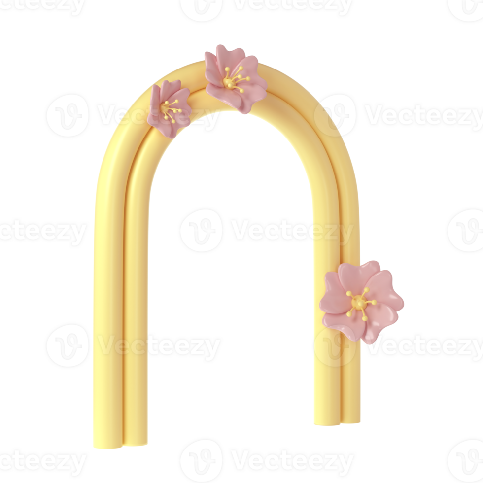 3d rendering of plaster yellow molds arch with pink flower. Minimalistic spring display. Stylish aesthetic transparent showcase, mock up for the exhibitions, presentation of products and goods png
