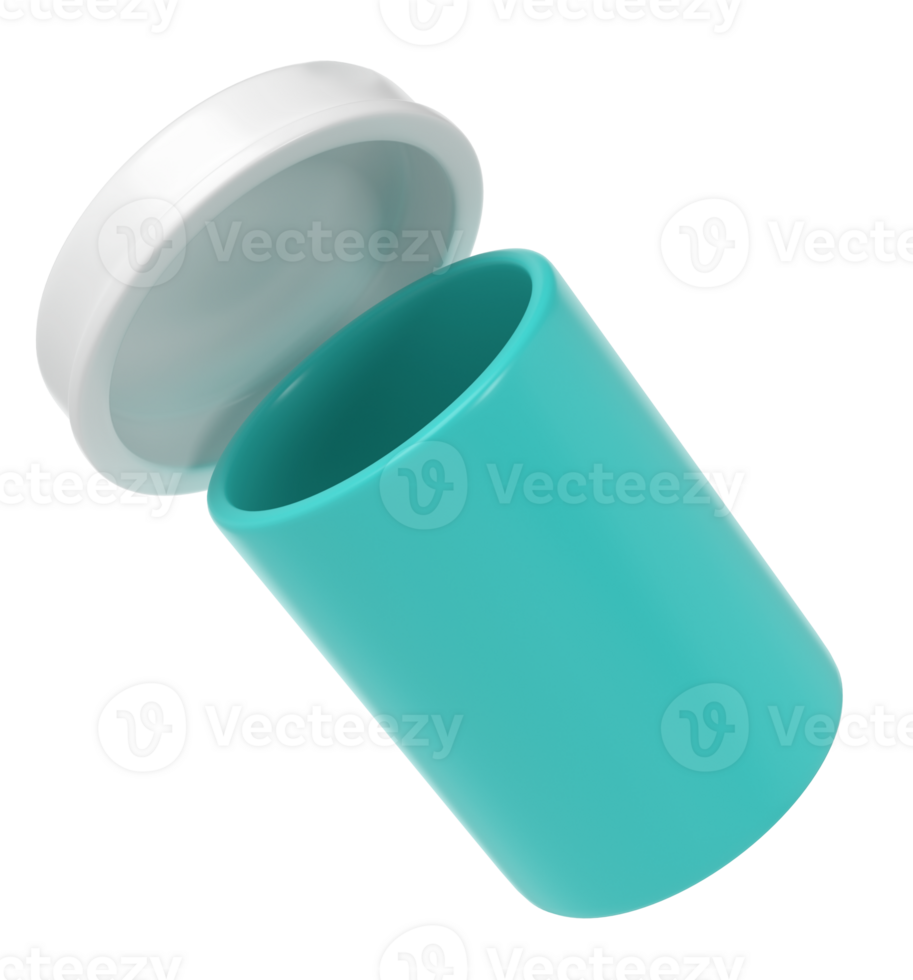 3d open pill bottle medical transparent icon pharmacy. Turquoise plastic supplement jar. Protein vitamin capsule packaging, large powder blank remedy cylinder pharmaceutical drugs png