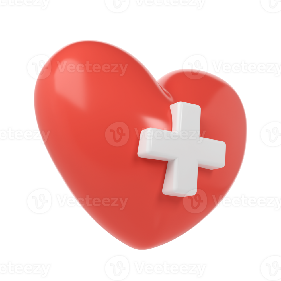 3d red heart with medical cross symbol transparent icon aid donation, medical and healthcare laboratory concept. Cartoon minimal style render illustration png