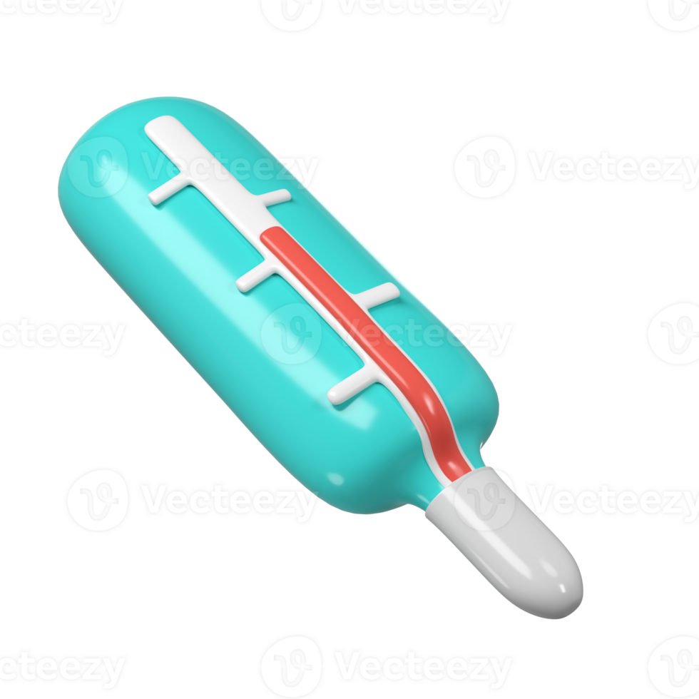 3d medical mercury transparent thermometer. Rendering illustration of medicine diagnostic instrument to temperature measurement in turquoise color. Cute cartoon design. Healthcare tool png