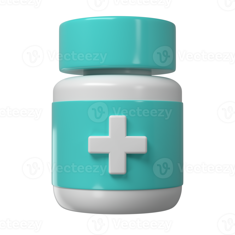 3d Pille Flasche medizinisch Symbol Apotheke mit Kreuz. Weiß Plastik Ergänzung Krug. Protein Vitamin Kapsel Verpackung, groß Pulver leer Abhilfe Zylinder pharmazeutische Droge png