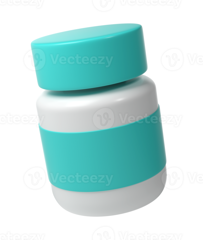 3d pill bottle medical transparent icon pharmacy. White plastic supplement jar. Protein vitamin capsule packaging, large powder blank remedy cylinder pharmaceutical drug can png