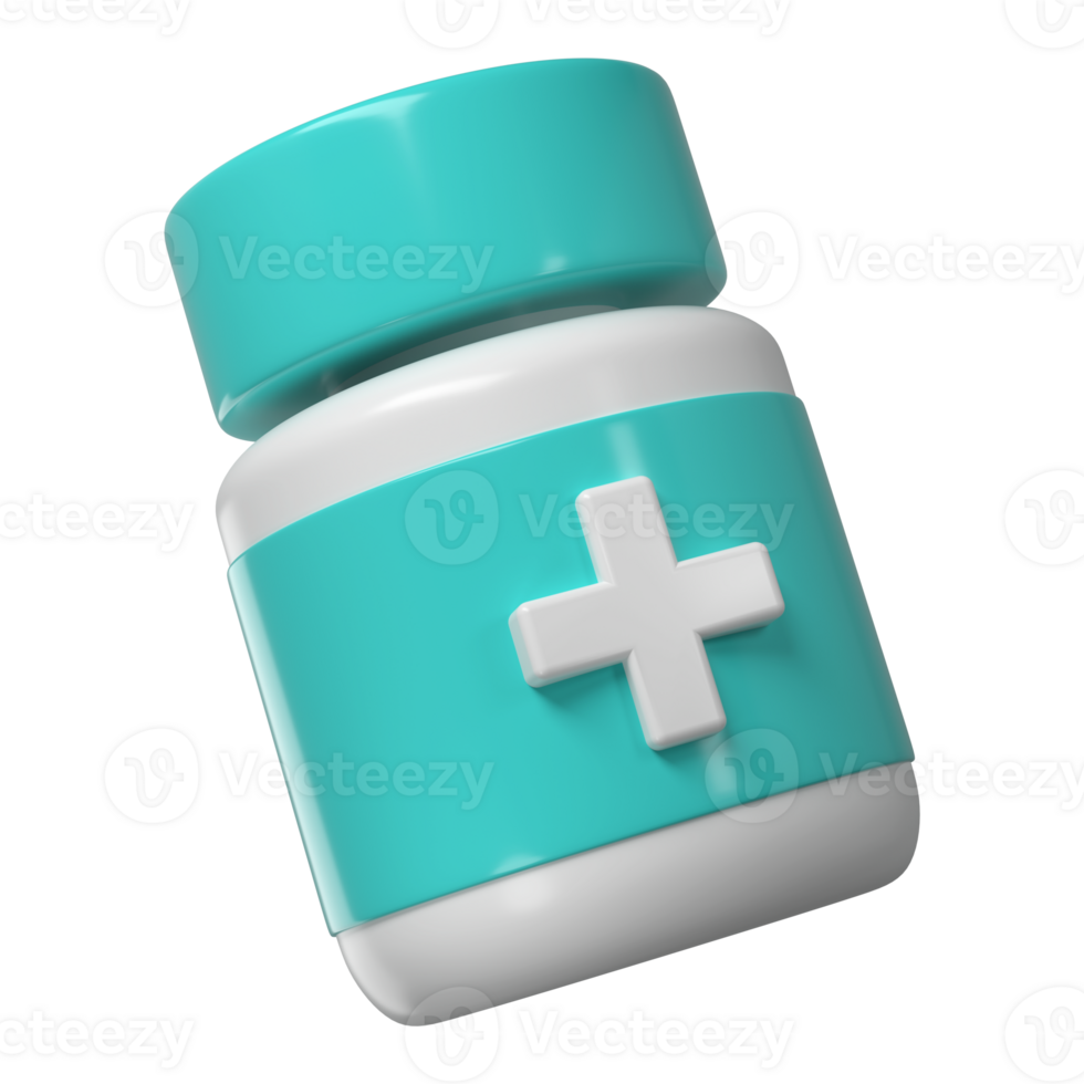 3d Pille Flasche medizinisch Symbol transparent Apotheke. Weiß Plastik Ergänzung Krug. Protein Vitamin Kapsel Verpackung, groß Pulver leer Abhilfe Zylinder pharmazeutische Droge können png