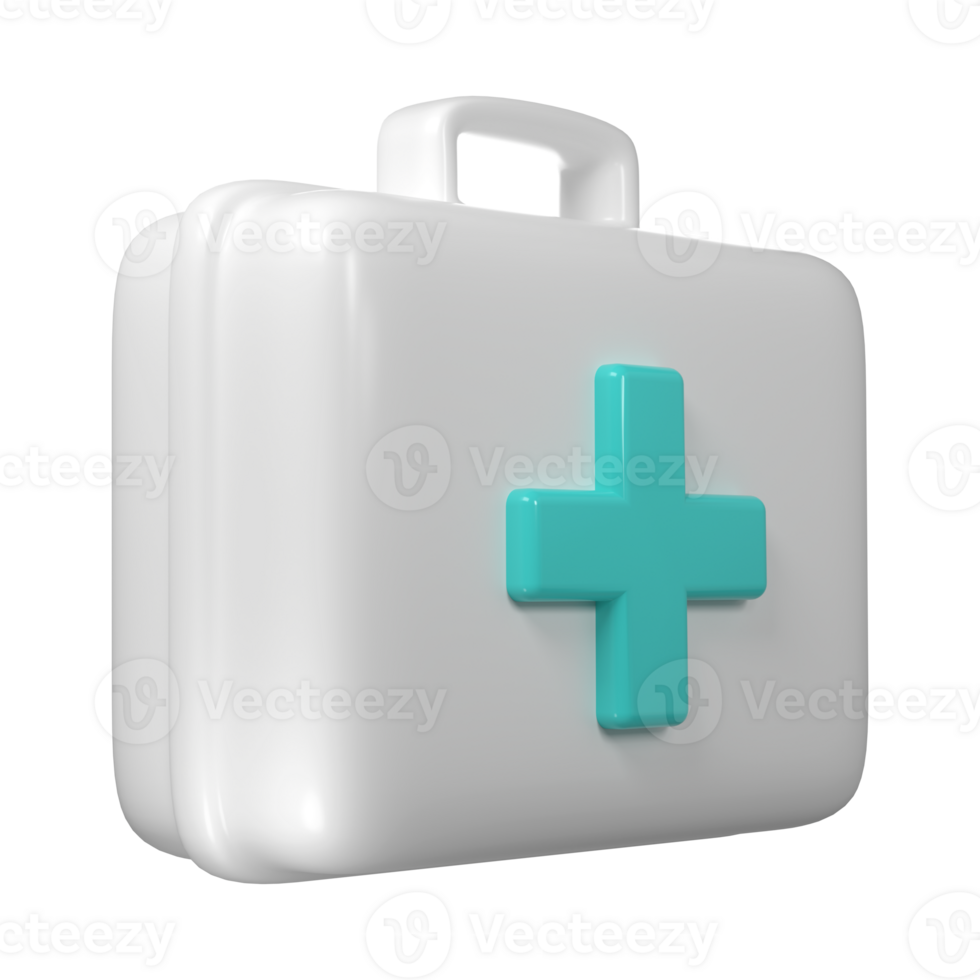 3d rendering of first aid medical box with turquoise cross icon. Healthcare industry supplies and drugs png