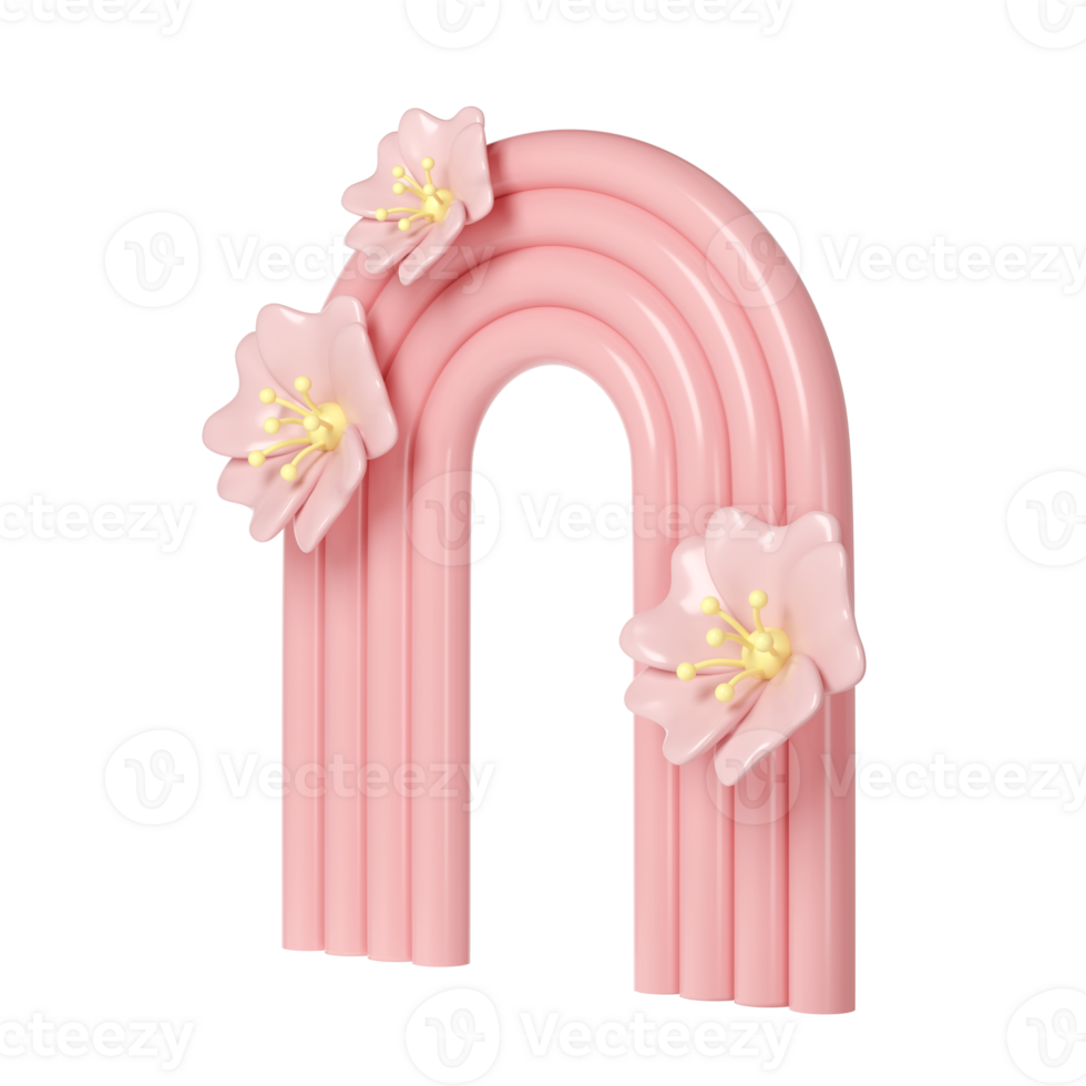 3d rendering of plaster pink molds arch with flower transparent. Minimalistic spring display. Stylish aesthetic showcase, mock up for the exhibitions, presentation of products and goods png