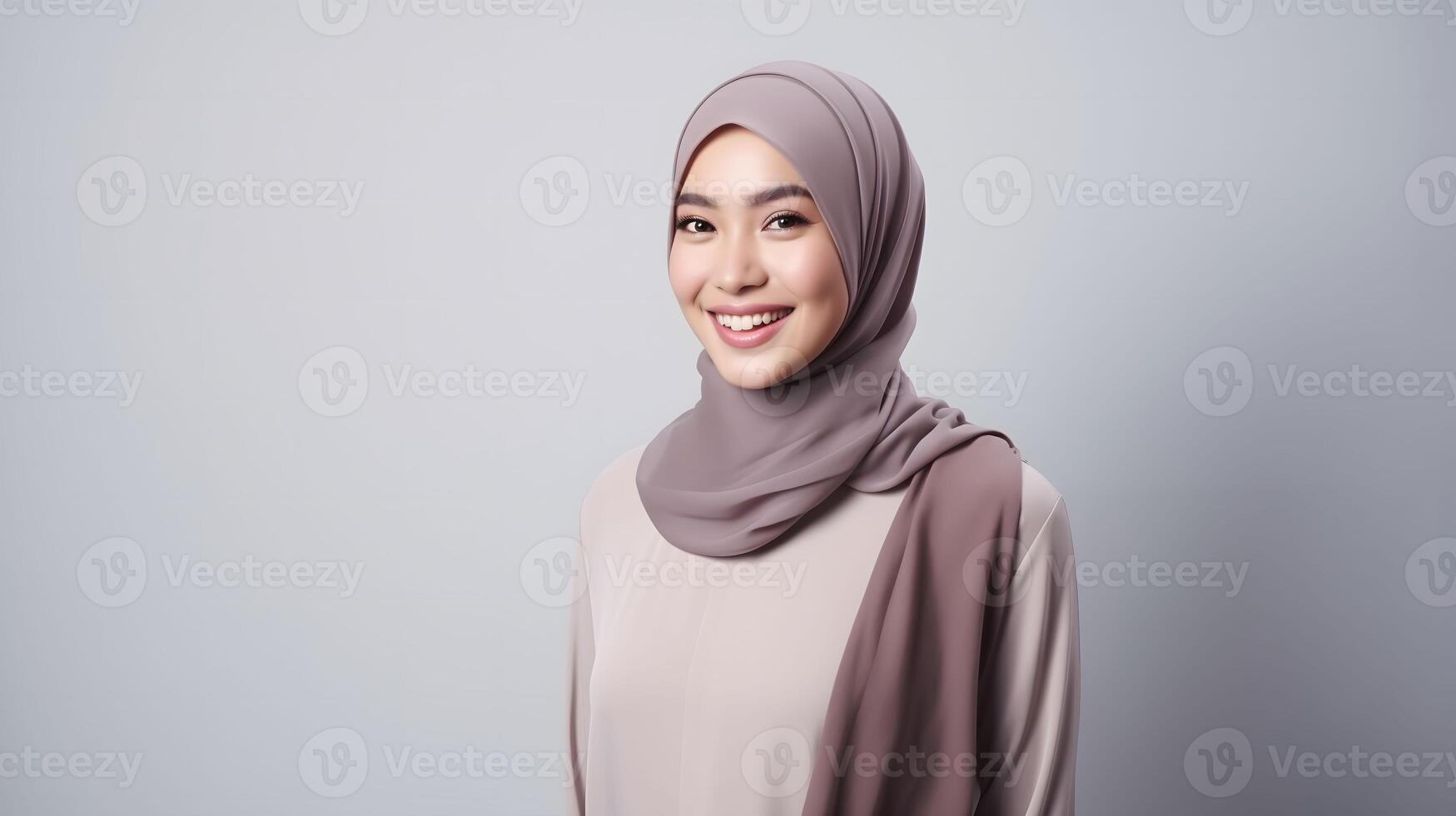 AI generated Radiant smile of a beautiful Asian woman with a hijab, capturing genuine joy and warmth, against a gray background photo