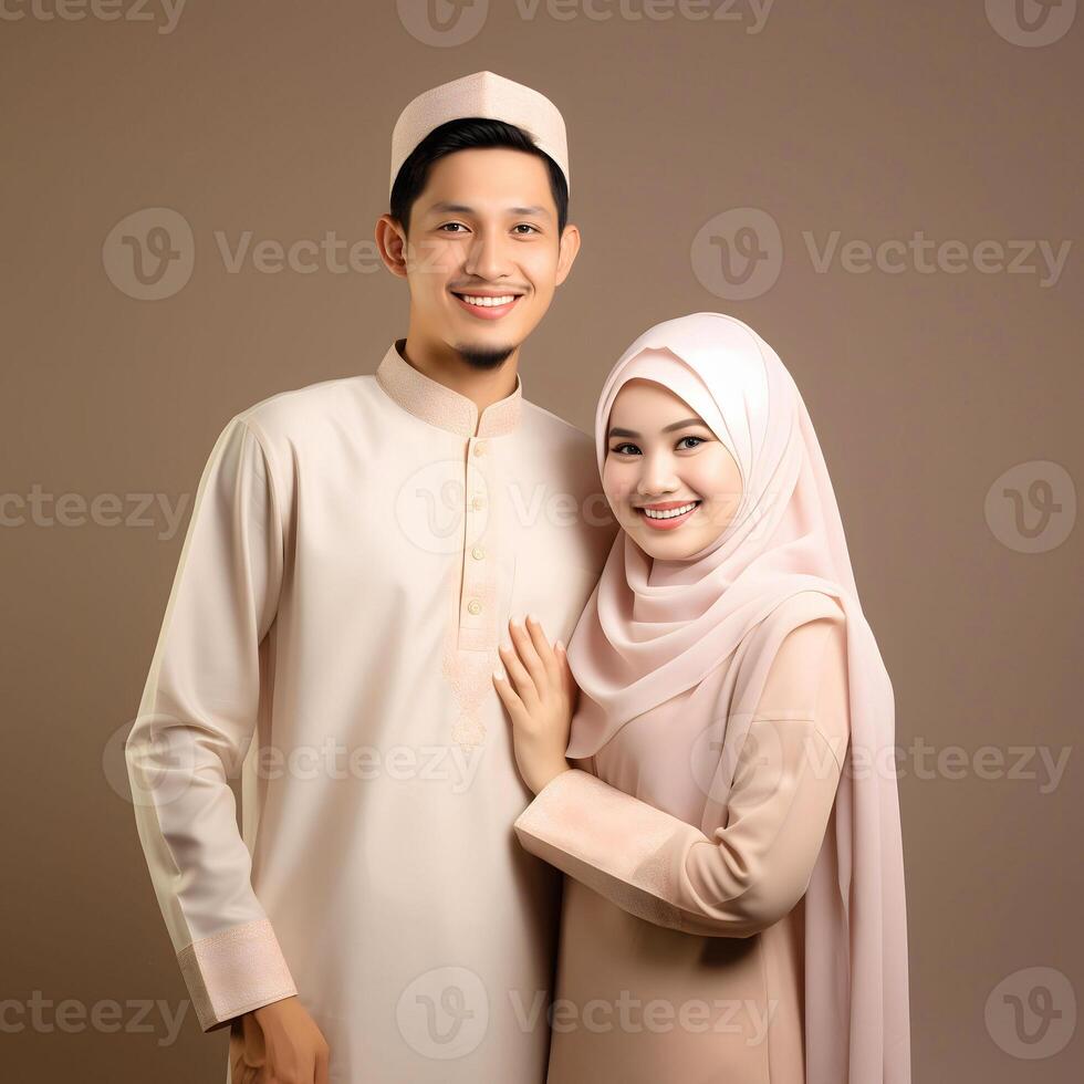 AI generated Heartwarming portrayal of a young Asian Muslim couple in traditional attire, including hijab, exchanging joyful Eid Mubarak gestures in a studio setting with a neutral color palette photo