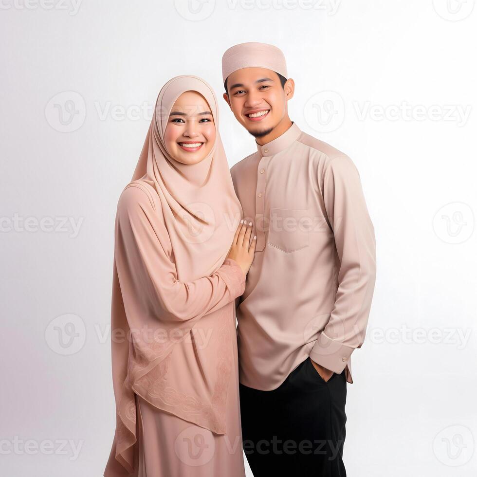 AI generated Heartwarming portrayal of a young Asian Muslim couple in traditional attire, including hijab, exchanging joyful Eid Mubarak gestures in a studio setting with a neutral color palette photo