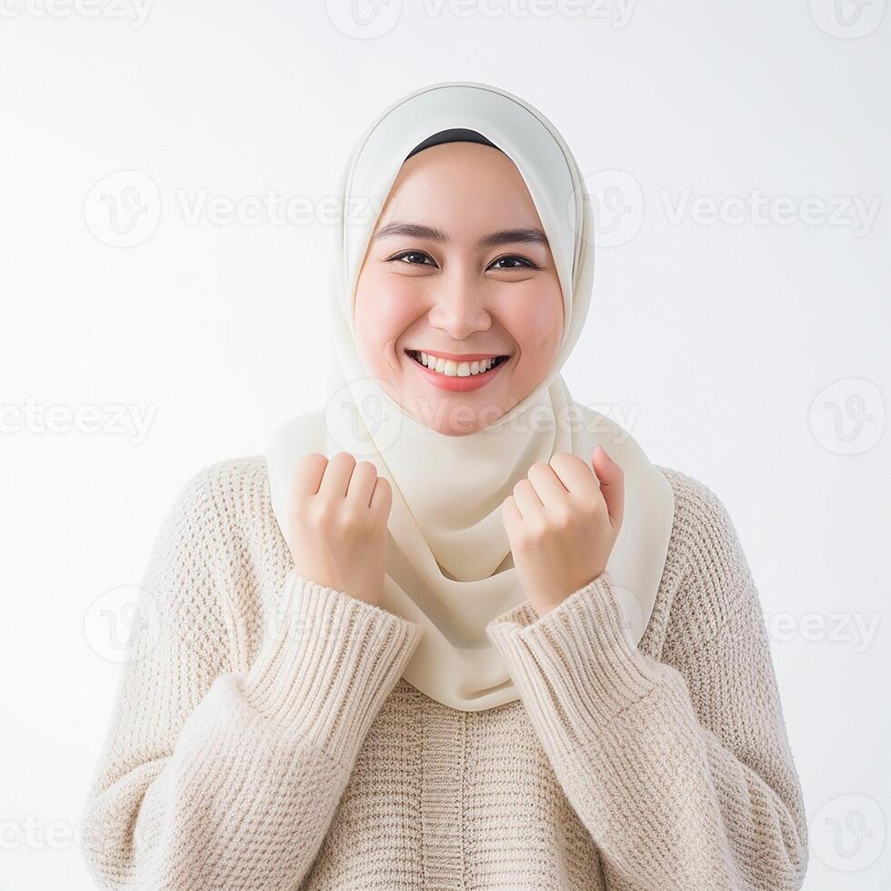 AI generated Radiant Asian Muslim woman in a cream sweater, expressing a joyful Eid Mubarak greeting gesture, isolated on a clean white background, capturing the essence of a religious lifestyle photo