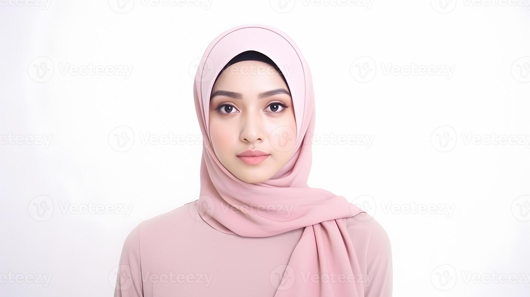 AI generated Beautiful hijab-wearing woman in a portrait showcasing a blank pink color photo studio concept with elegance