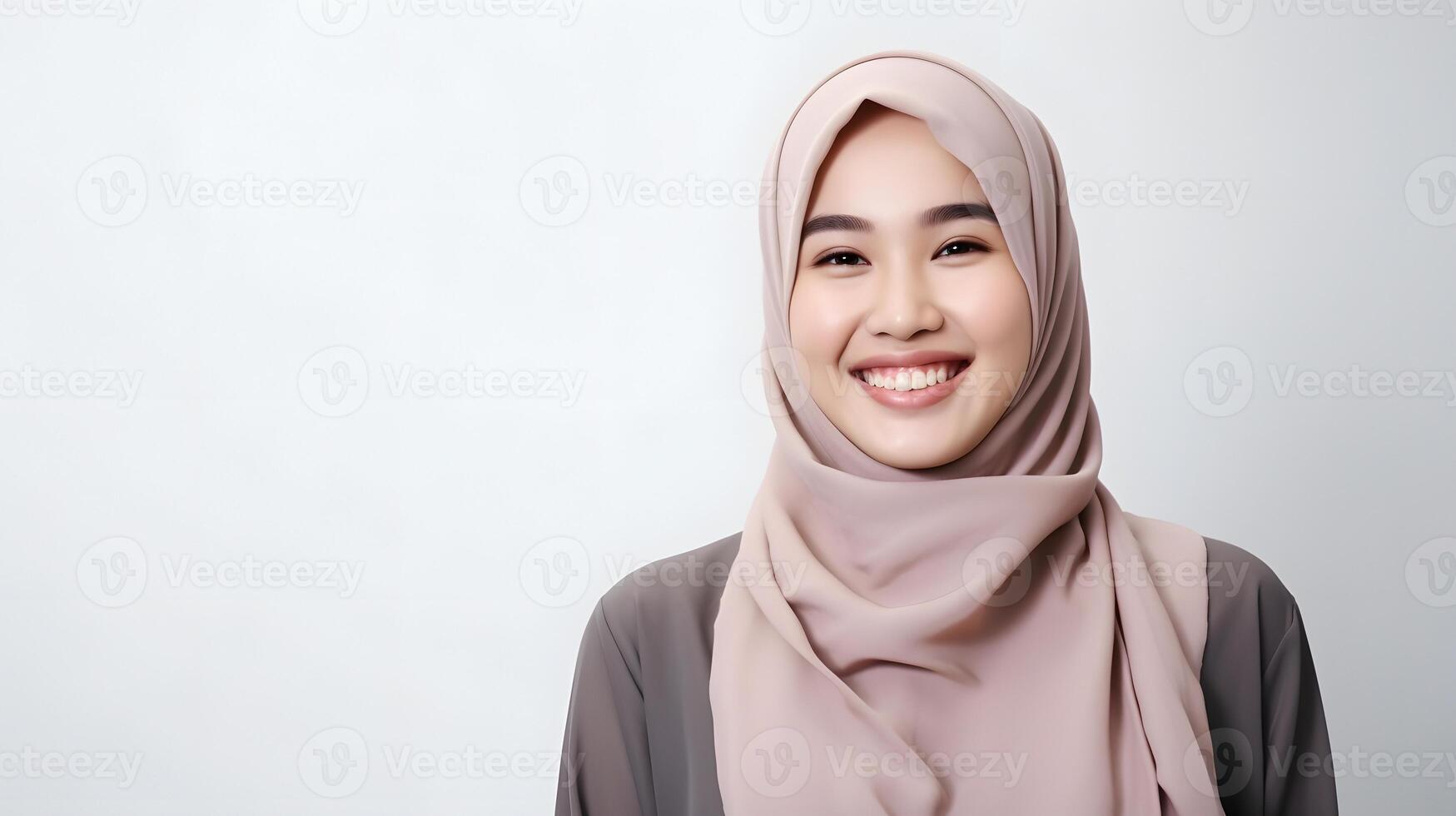 AI generated Radiant smile of a beautiful Asian woman with a hijab, capturing genuine joy and warmth, against a gray background photo