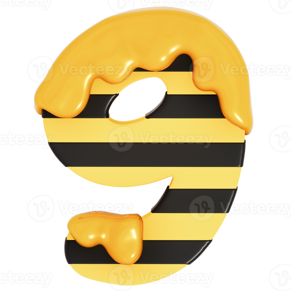 Honey Bee Numbers 9 on transparent background , 3D Rendering png