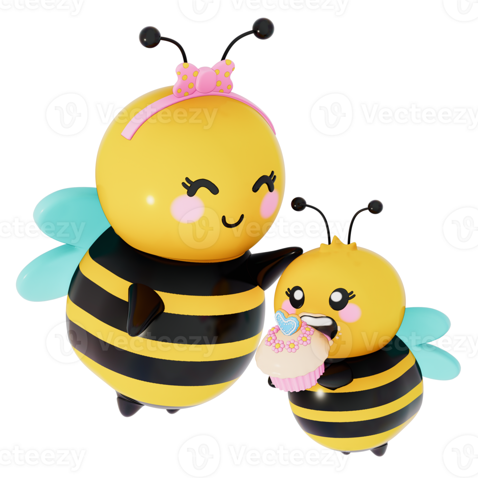 Happy Mother's day , Mom and baby bee with mini cupcake on transparent background, 3D Rendering png