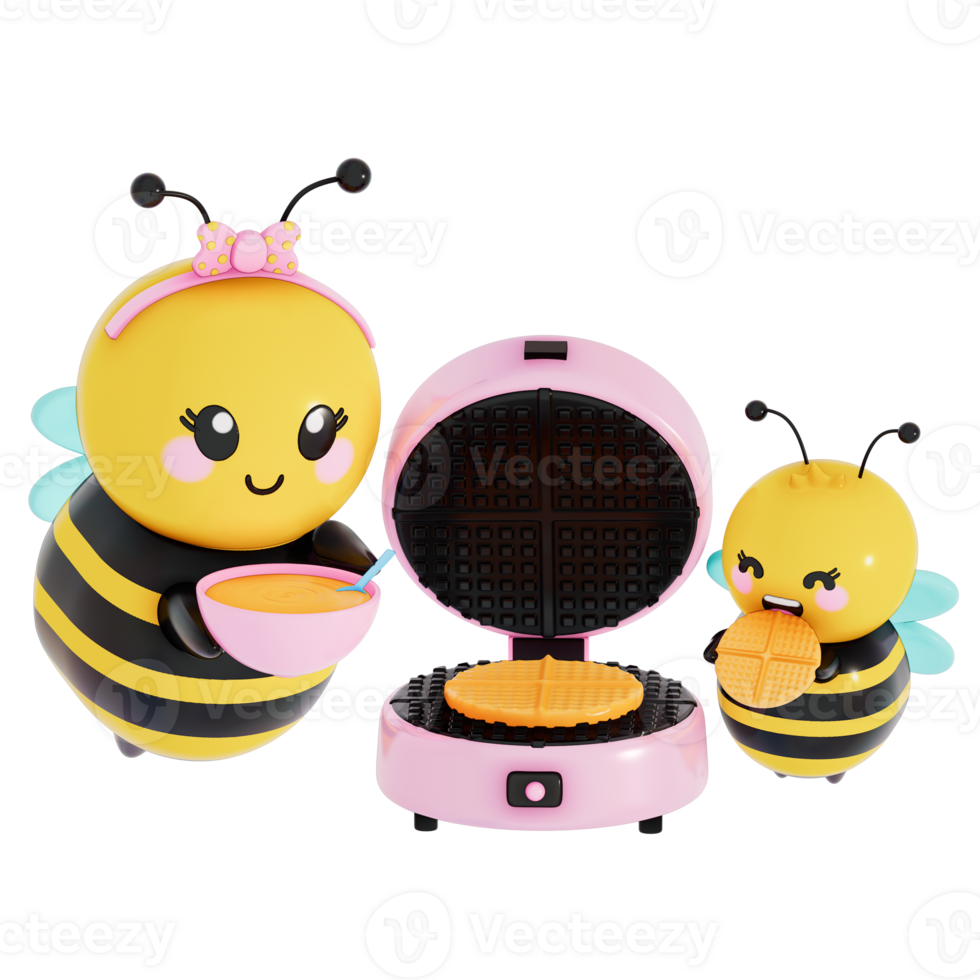 Happy Mother's day , baby and mom bee with Waffle Iron on transparent background, 3D Rendering png