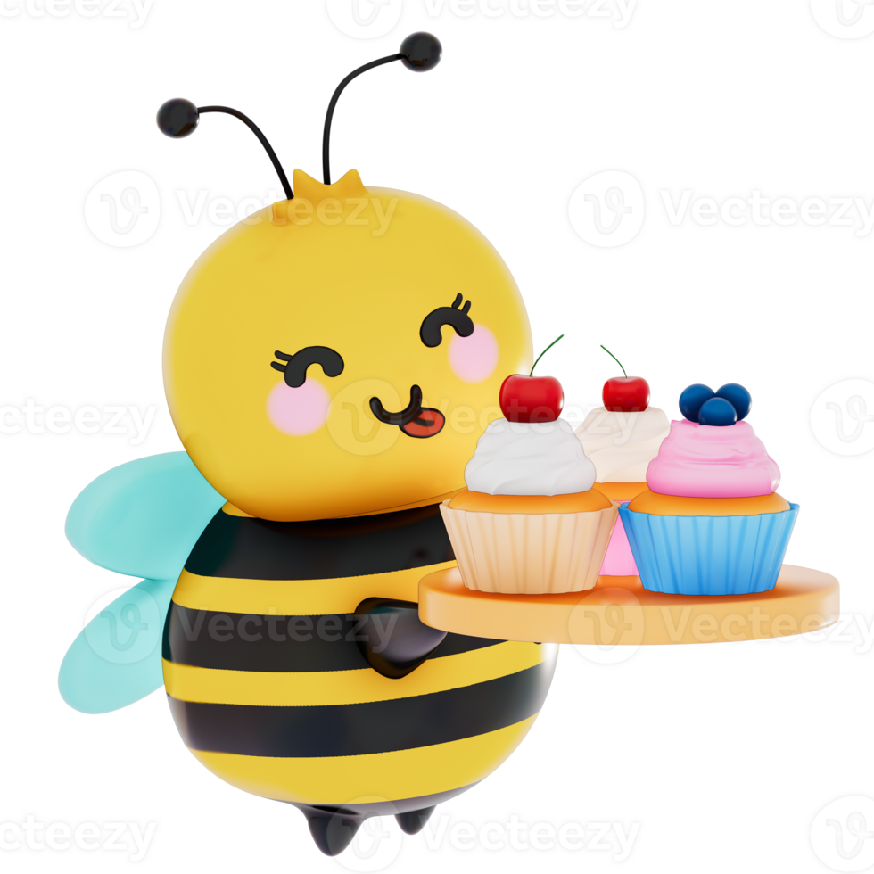 Happy Mother's day , baby bee Holding a Mini Cupcake on transparent background, 3D Rendering png