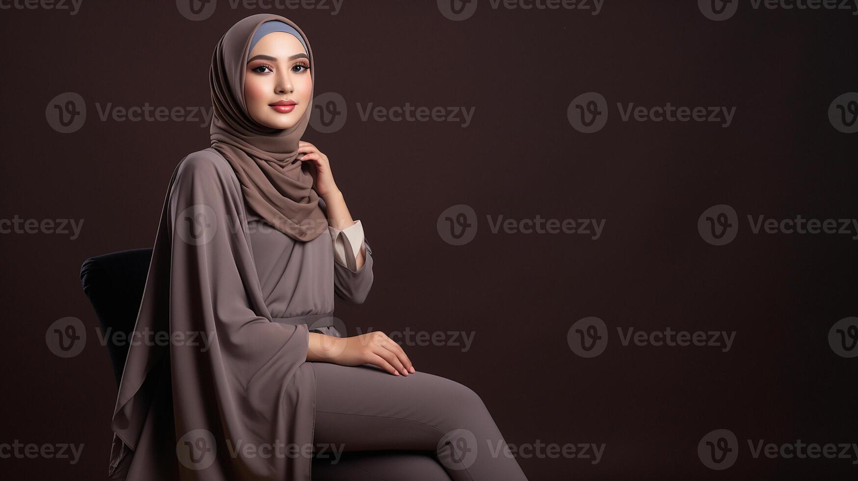 AI generated Beautiful hijab wearing woman in a festive Ramadan themed photoshoot, showcasing elegant Islamic attire and joyous poses in a warm and inviting studio setup photo