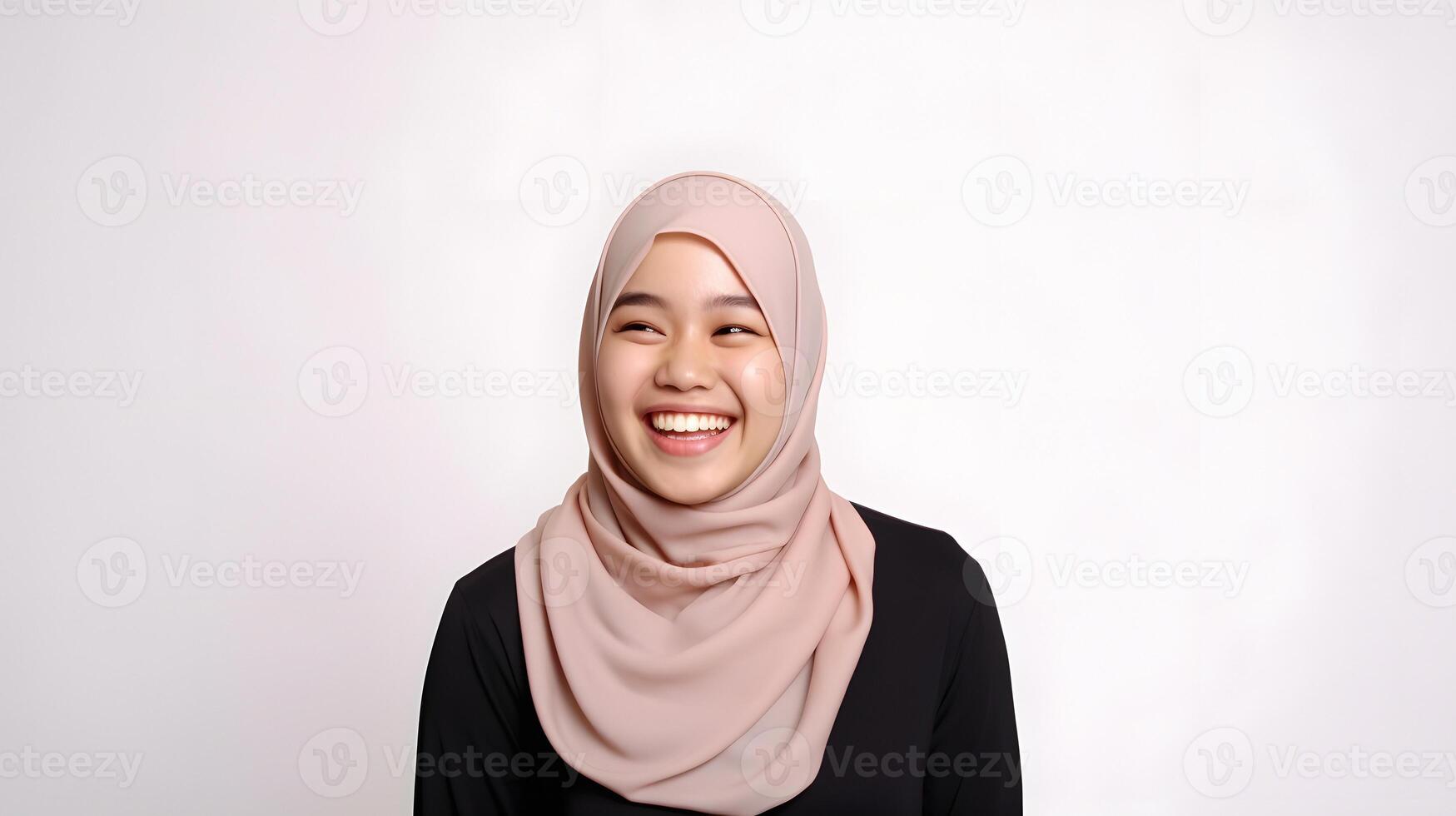 AI generated Radiant smile of a beautiful Asian woman with a hijab, capturing genuine joy and warmth, against a gray background photo