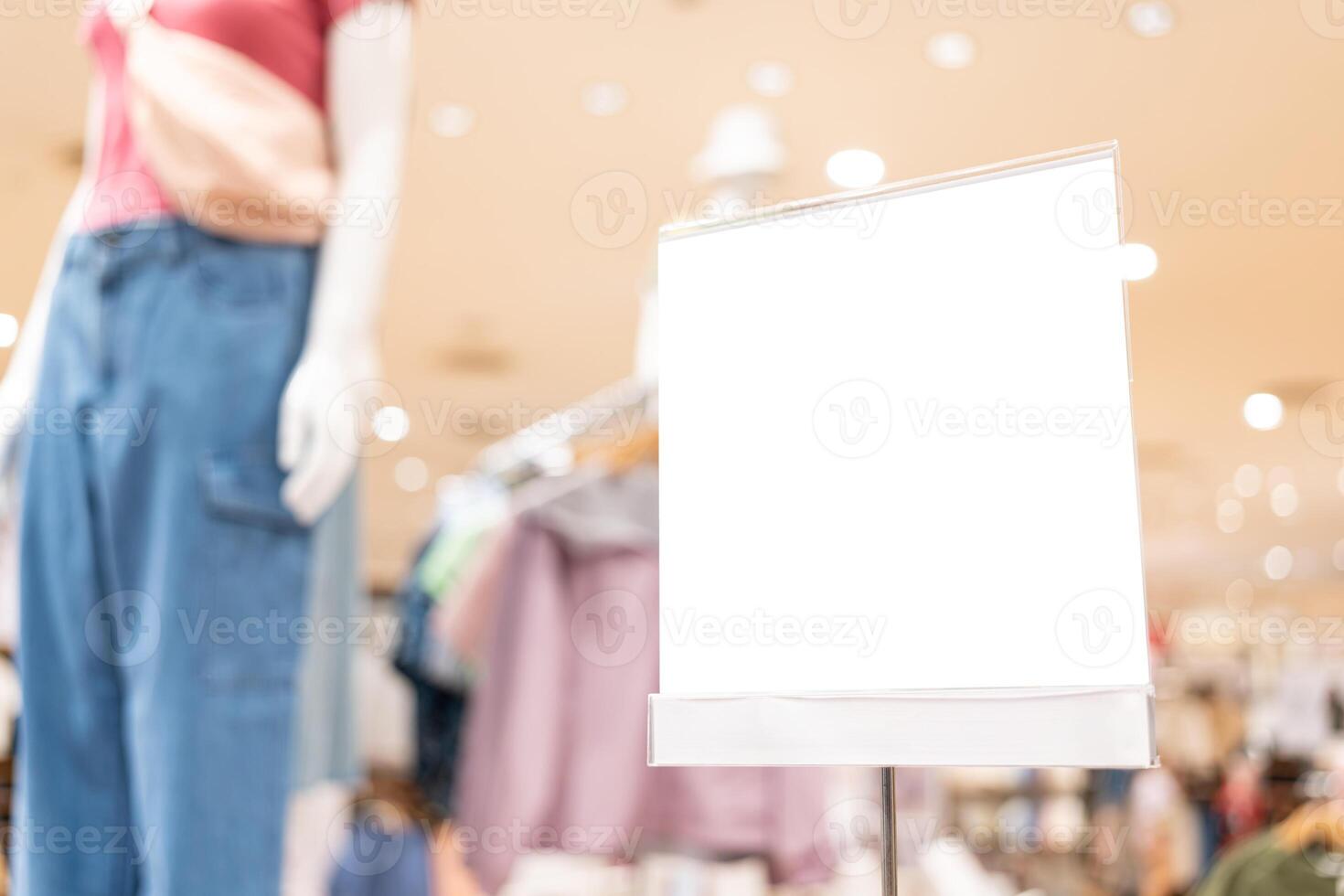 Empty sign inside shopping mall. mock up advertise display frame setting over the shopping department store for shopping. copy space. photo