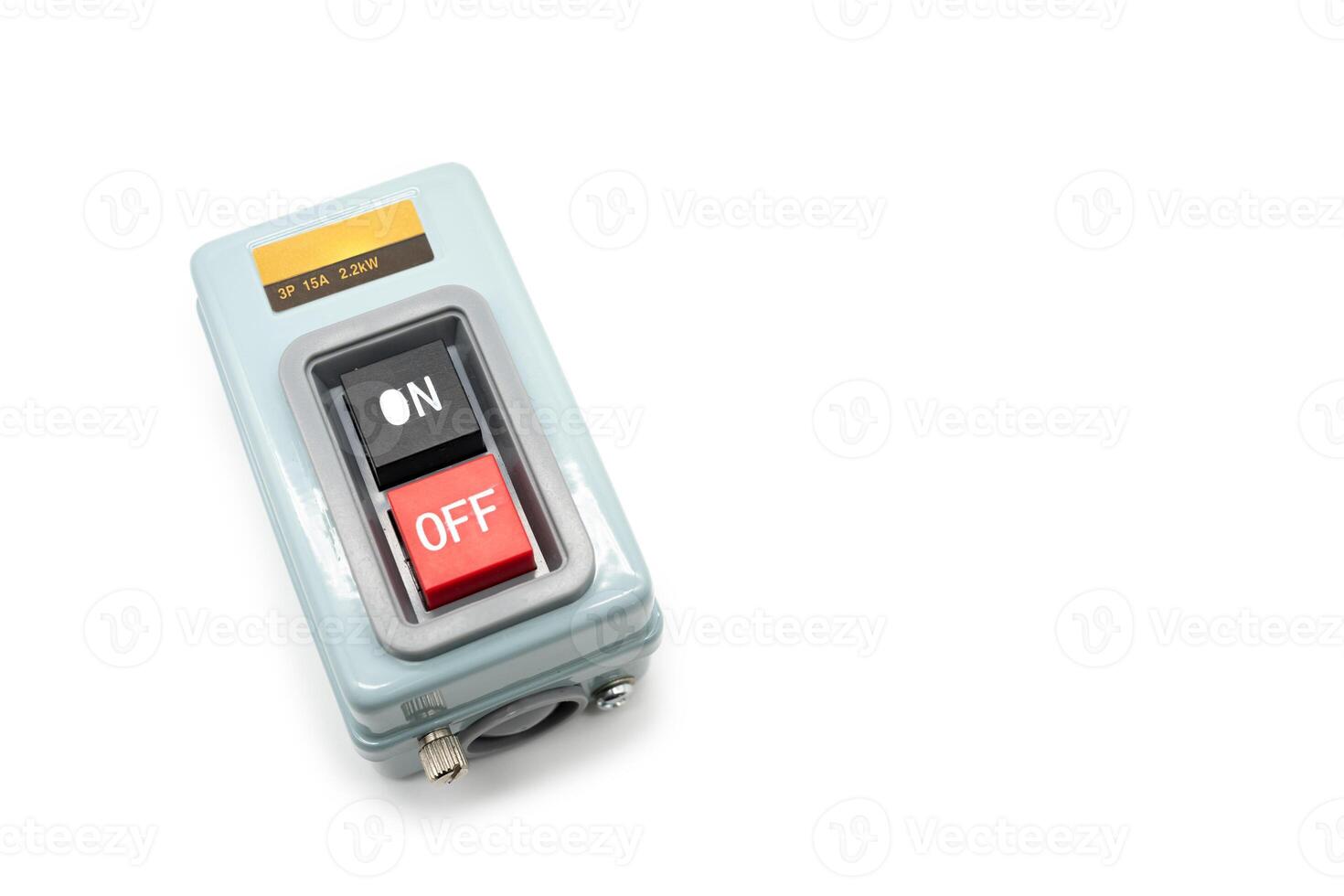 Box with two buttons with ON and OFF isolated on white background. Box switch use in industrial photo