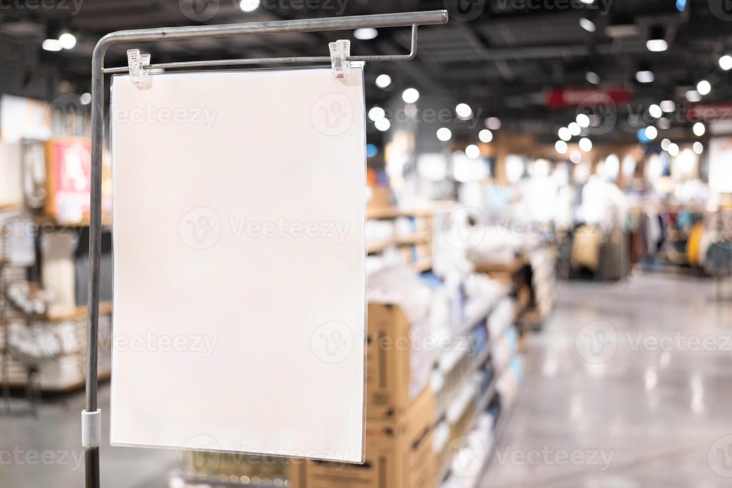 Empty sign inside shopping mall. mock up advertise display frame setting over the shopping department store for shopping. copy space. photo